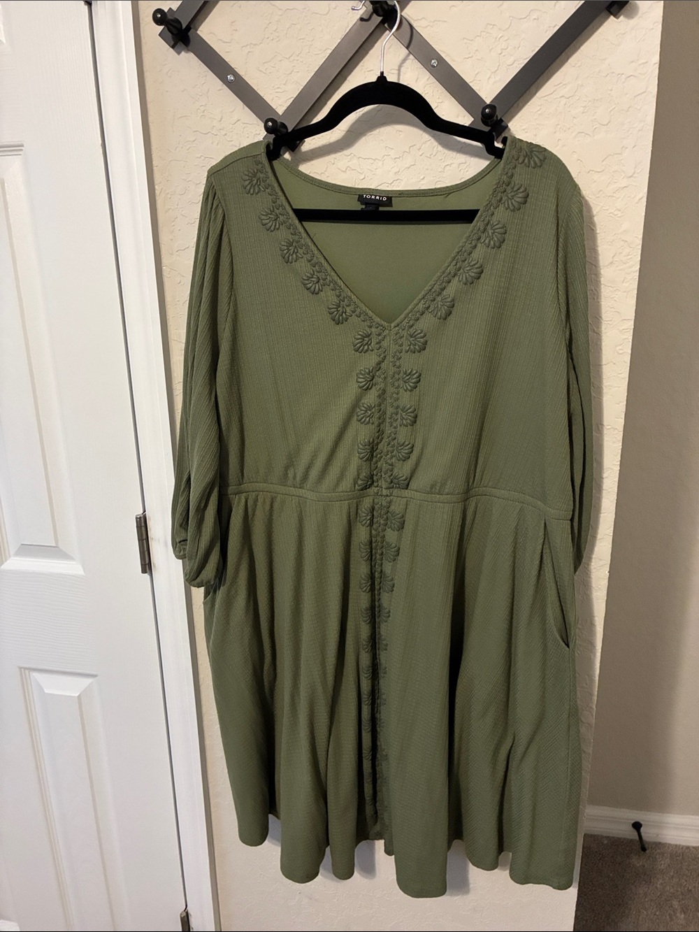 torrid Olive Green V-Neck Embroidered Long Sleeve Dress